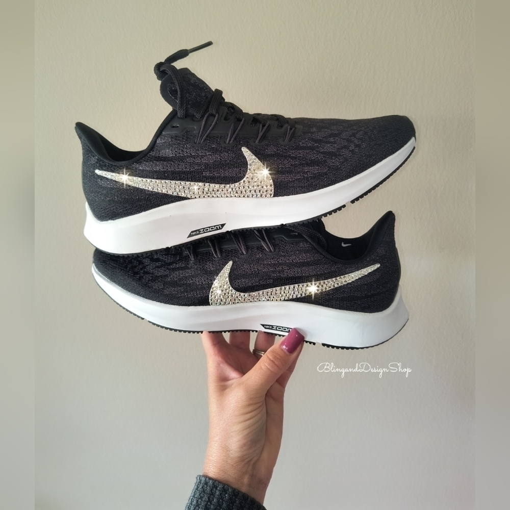 Women's Bling Nike Pegasus 36 Sneakers Black White Customized With Crystals